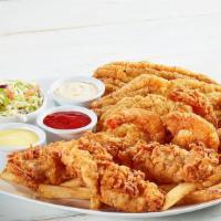 Southern Surf & Turf · Cornmeal-breaded Mississippi farm-raised catfish, a pile of buttermilk-breaded, lightly frie...