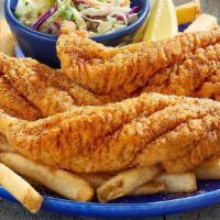 Hand-Breaded Catfish Dinner · Cornmeal-breaded Mississippi farm-raised catfish served with coleslaw and fries.