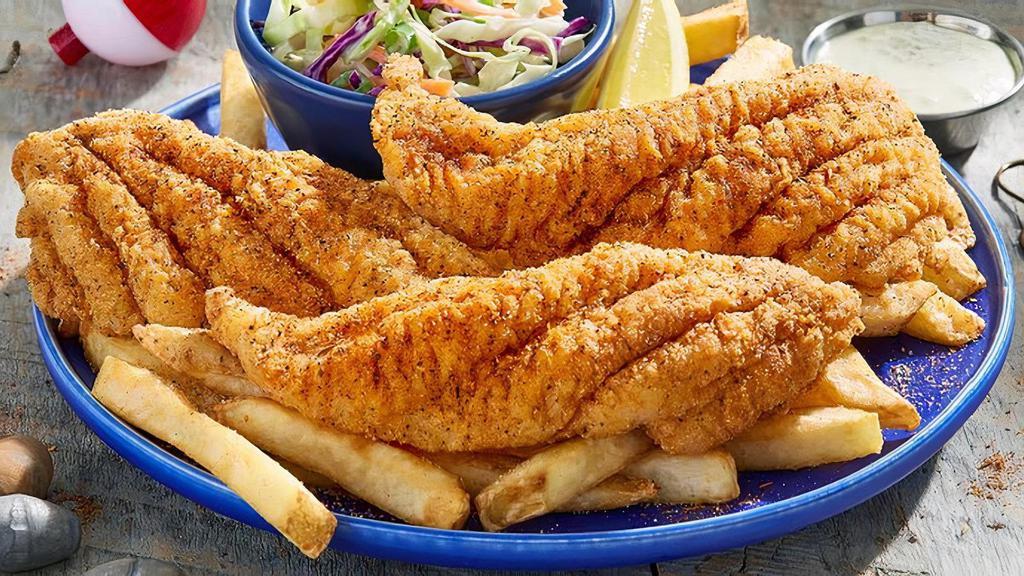 Hand-Breaded Catfish Dinner · Cornmeal-breaded Mississippi farm-raised catfish served with coleslaw and fries.