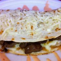 De Carne O Pollo A La Plancha · Quesadilla of grilled meat or chicken served on a large flour tortilla with mozzarella chees...