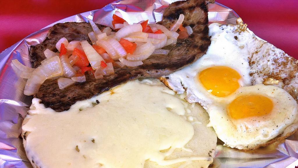 Early Morn (Madrugon) · Grilled steak, pico de gallo, arepa with mozzarella cheese topping and two eggs cooked to taste.