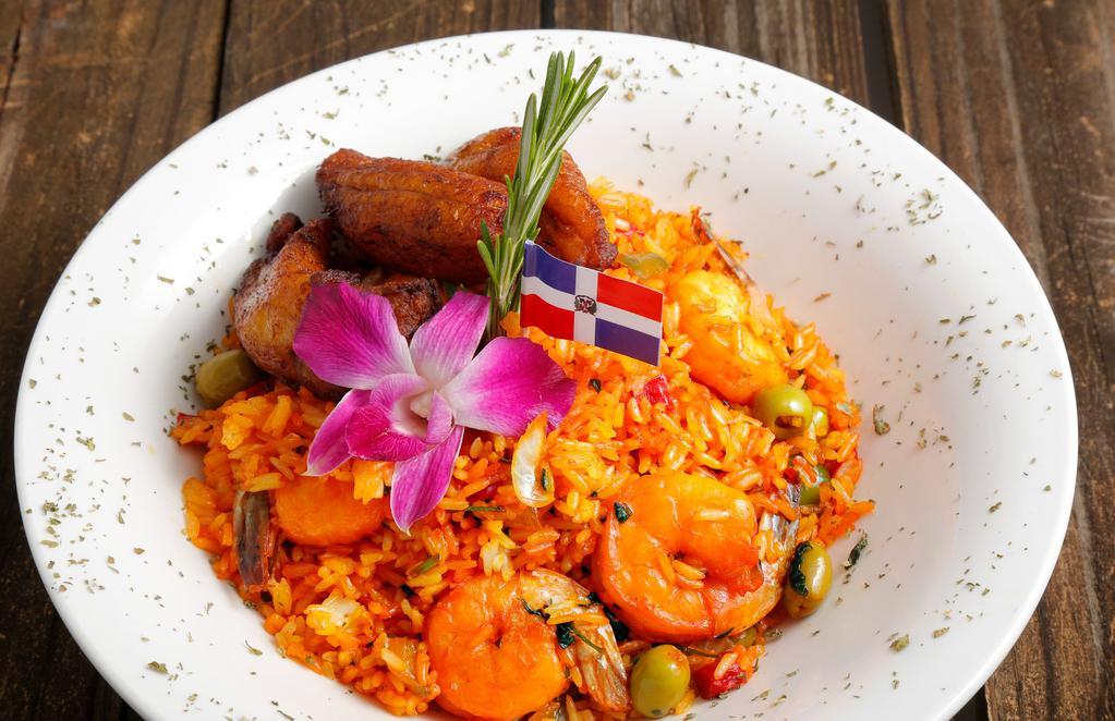 Arroz Con Camarones · Rice with shrimp. Served with sweet plantains.