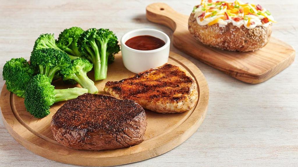 Sirloin & Grilled Chicken  · Our signature center-cut sirloin with 5 oz. Grilled
Chicken on the Barbie. Served with two freshly made sides.