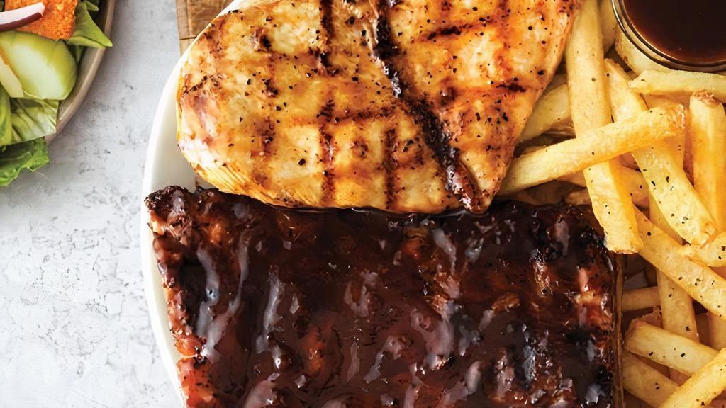 Drover'S Ribs And Chicken Platter · 1/2 order of ribs and grilled chicken breast. Served with two freshly made sides.