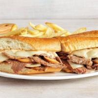New! Prime Rib Sandwich · Tender slow-roasted prime rib, grilled onions and mushrooms, Provolone cheese, and our spicy...