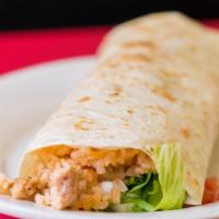 #18 Burrito · Flour tortilla filled with cheese, beans, rice, lettuce, onions, tomato, cilantro, sour crea...