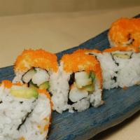Shrimp Tempura Roll · Shrimp tempura, avocado, and cucumber topped with fish roe masago.