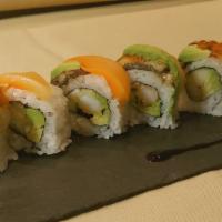 Cinderella Man Roll · Shrimp tempura roll topped with ungai, avocado, and smoked salmon.