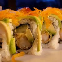 Sin City Roll · Spicy onion and shrimp tempura roll topped with avocado and spicy mayonnaise.