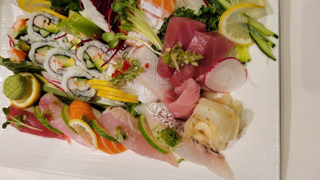 Glory Road Combo · Chefs choice of nine pieces assorted fresh sashimi, five pieces of nigiri sushi, and California roll.