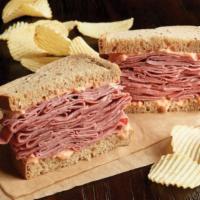 Hot Corned Beef Sandwich (Manager'S Special) · A half sandwich served with your choice of a cup of soup, fresh fruit or Mac & Cheese. Name ...