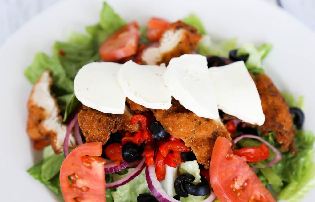 House Salad Supreme · Sliced chicken cutlet, fresh mozzarella, romaine lettuce, tomatoes, onions, roasted peppers, black olives.