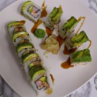 Special California Roll · Imitation crab Tempura, Avocado, and Dynamite (Imitation crab salad), Topped with avocado.