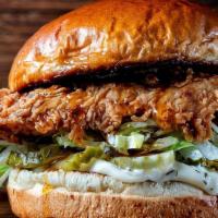 Crispy Chicken Sandwich · southern fried chicken breast, sweet and spicy pickles, Mike's hot honey, shaved lettuce, du...