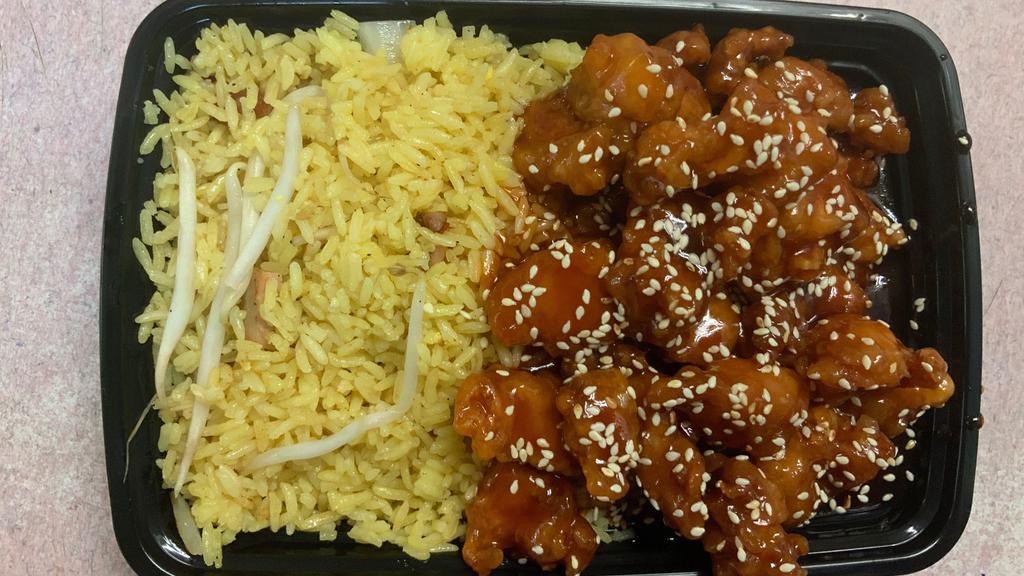 Sesame Chicken · Served with roast pork fried rice or white rice.