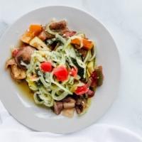 Zughetti Verdura · Zucchini noodles with squash, red peppers, onion, spinach, mushrooms & tomatoes in a white w...