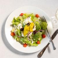 Greek Salad · Romaine, tomatoes, cucumbers, pepperoncini, kalmata olives, red onions, feta cheese, greek d...