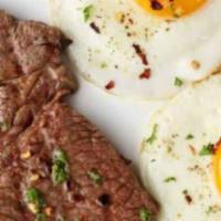 Steak & Eggs · Skirt steak, two eggs any style, truffle hollandaise, and home fries