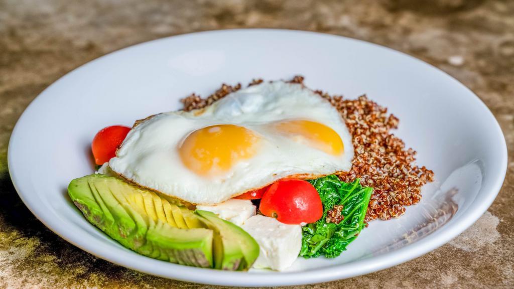 Power Bowl · Sunnyside eggs, avocado, sauteed kale, cherry tomatoes, feta, and quinoa