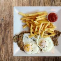 Steak & Eggs · Thin sirloin steak, eggs, French fries and toast.