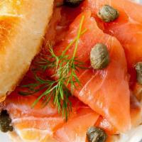 Smoked Salmon Bagel · Avocado spread, cream cheese, smoked salmon and capers.