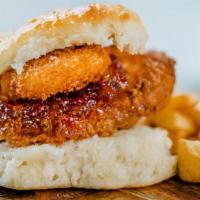 O.A.T · Fried chicken breast, fried goat cheese, pepper jelly.
