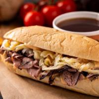 #18 The French Dip · loaded with Boar’s Head Deluxe® Roast Beef, Melted Swiss, Onions, Tangy Bistro Mayo, and Sav...