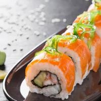 Dragon Roll · Tempura shrimp, avocado inside & salmon on top