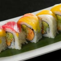 Four Seasons Roll · Tuna, salmon, hamachi & cucumber, avocado & masago on top