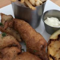 Fish And Chips · Fresh beer battered cod. Served with crispy shoestring fries.