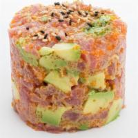 Tuna Tartare · Chopped tuna w/ sesame oil, avocado, spicy mayo, and sesame seeds/