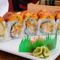 Caribbean Roll · Crispy chicken , asparagus, avocado, cream cheese, spicy mayo, sesame seeds, and sweet plant...