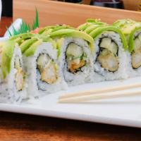 Dragon Roll · Shrimp tempura, asparagus tempura, cucumber, scallions, sesame seed, mayo, and avocado on to...