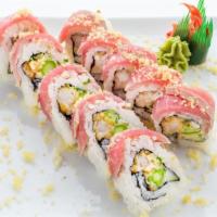 Red Dragon Roll · Shrimp tempura, asparagus tempura, cucumber, scallions and mayo topped with seared tuna, mas...