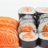 Salmon Lover · Salmon roll and of 6 pieces salmon bites (16pcs.)  served with miso soup.
