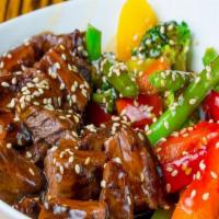 Beef Teriyaki Bowl · Grilled Beef served with teriyaki sauce, sesame seeds, steamed veggies and the option of whi...