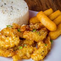 Honey Garlic Chicken · Strip of fried chicken breast sautéed in our honey garlic sauce and served with two side ord...
