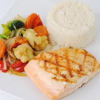 Grilled Salmon Fillet · Grilled Salmon Fillet served with two side orders.