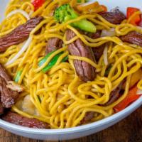 Beef Lo Mein Noodles · Sautéed Eggs boodles with mix vegetables in our house sauce and Beef served with miso soup.