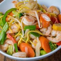Shrimp  Lo Mein Noodles · Sautéed Eggs noodles with mix vegetables in our house sauce and Baby Shrimp  served with mis...