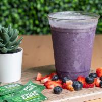 Blue Beauty · Blueberries, Strawberry, Orange, Banana, Honey, Almond Milk