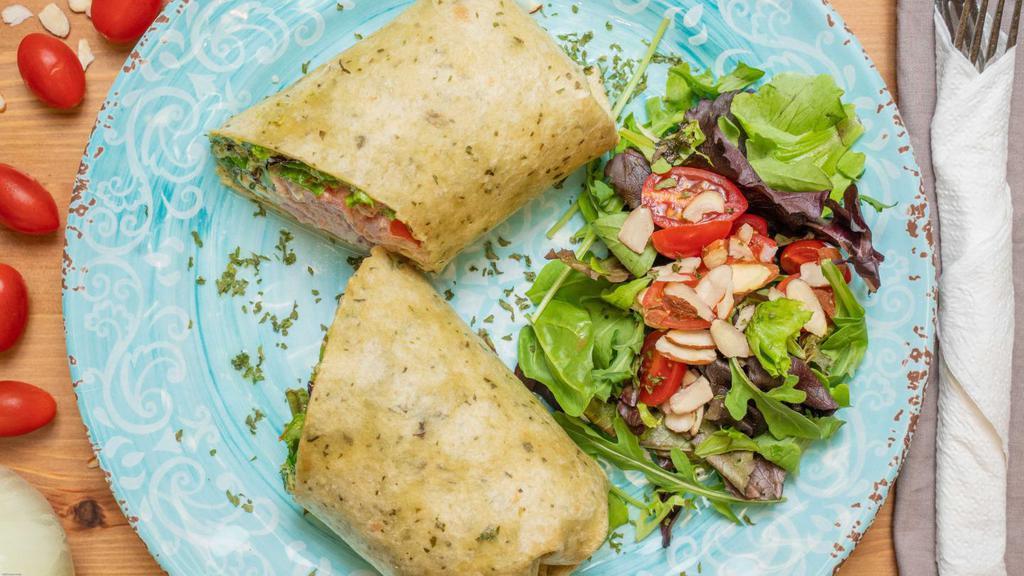 Tuna Wrap · Wild Catch Tuna, Spinach, Tomato, Green Olives, Onion, Homemade Mayo