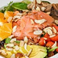 Smoked Salmon Salad · Green mix, Smoked Salmon, Avocado, Champignons, slices Fresh Oranges, Cherry and Almonds.