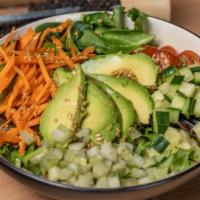 Wegreen Salad · Spinach, Celery, Cucumber, Tomato, Avocado, Carrot, Flax seed