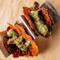 Steak & Chimichurri Mini Tacos · Two pieces. Served on grilled cheese shells.
