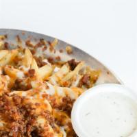 Cheese Fries · 1 pound of Seasoned fries, melted cheddar, house cheese blend cayenne-candied bacon, ranch d...