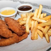 Chicken Fingers · Five crispy chicken fingers, seasoned fries, choice of two sauces: honey mustard, ranch or B...