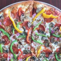 Classic (Large) · Pizza sauce, house cheese blend, pepperoni, Italian sausage, red onions mushrooms, tri-bell ...