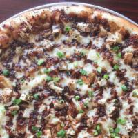 Bbq Chicken (Large) · Smokey BBQ sauce, house cheese blend, seasoned chicken green onions, cayenne-candied bacon.