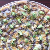 Santa Fe Chicken (Personal) · Black bean sauce, house cheese blend, seasoned chicken pickled jalapeño peppers, red onions,...